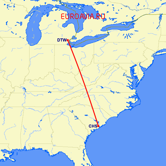 перелет Детройт — Чарльстон на карте