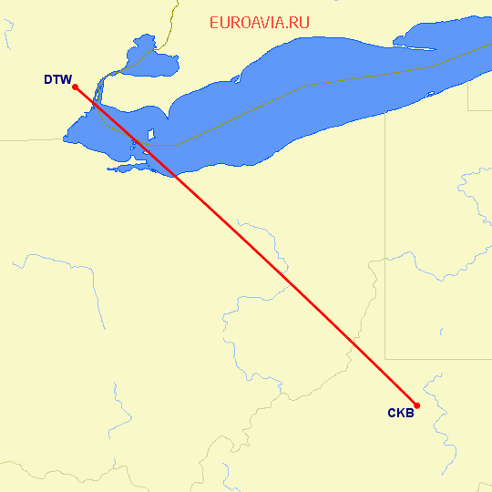 перелет Детройт — Clarksburg на карте