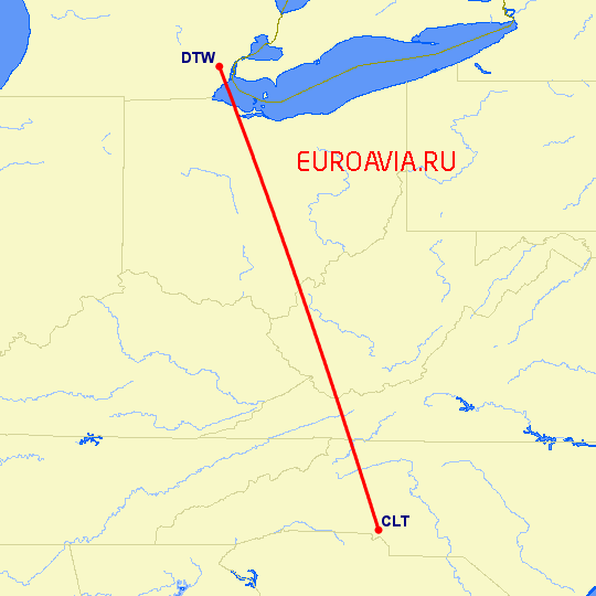 перелет Детройт — Шарлотт на карте