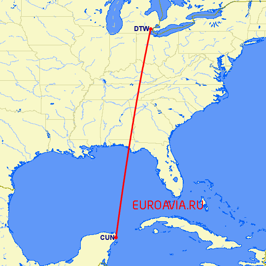 перелет Детройт — Канкун на карте
