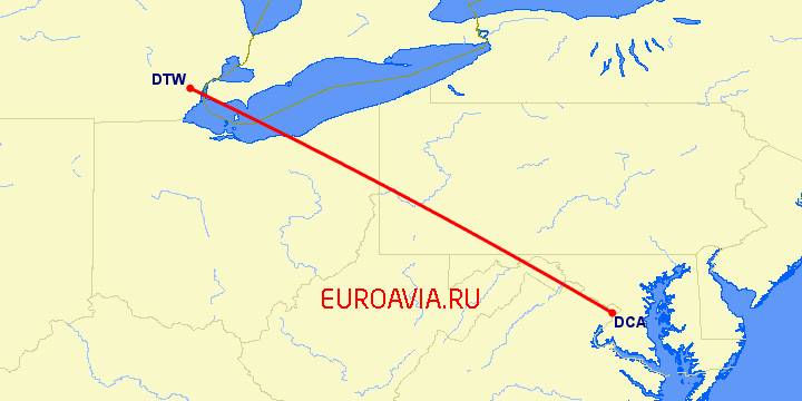 перелет Детройт — Вашингтон на карте