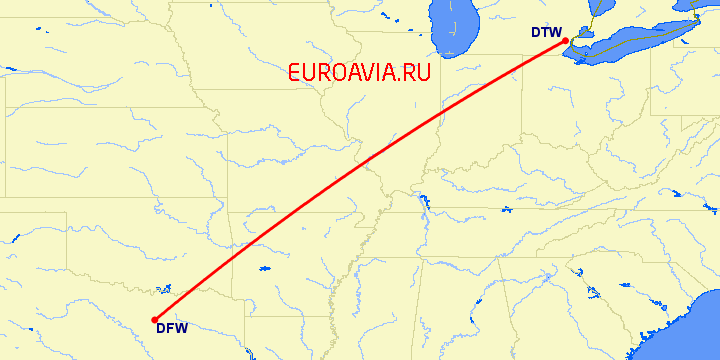 перелет Детройт — Даллас на карте