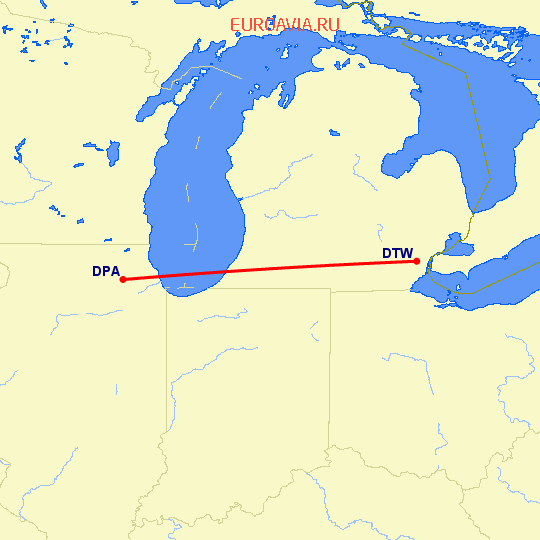 перелет Детройт — Чикаго на карте