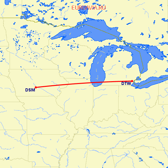 перелет Детройт — Des Moines на карте