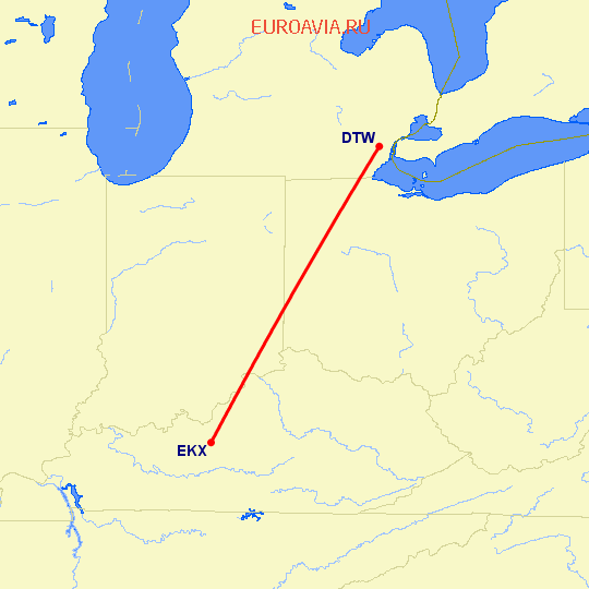 перелет Детройт — Elizabethtown на карте