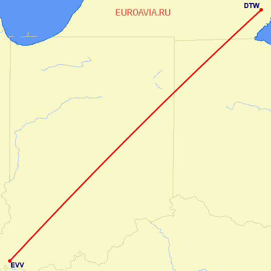 перелет Детройт — Evansville на карте