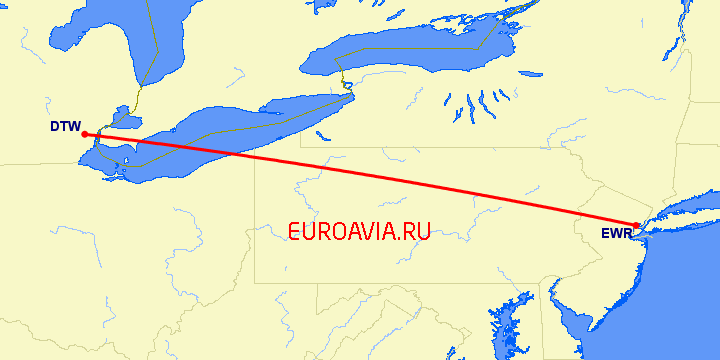 перелет Детройт — Ньюарк на карте