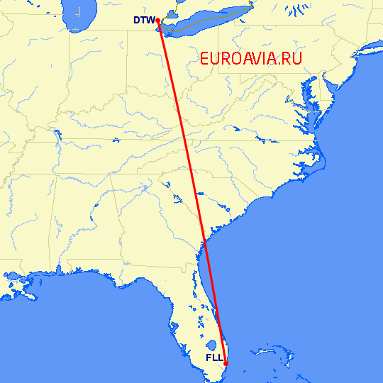 перелет Детройт — Форт Лодердейл  на карте