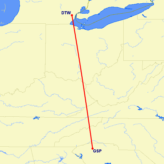 перелет Детройт — Greenville на карте