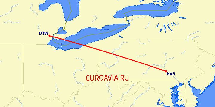 перелет Детройт — Harrisburg на карте