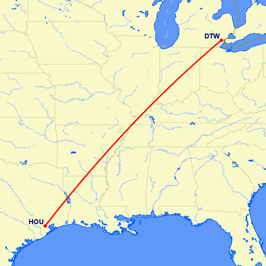 перелет Детройт — Хьюстон на карте
