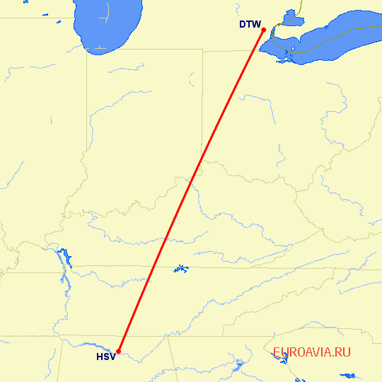 перелет Детройт — Хантсвилл на карте