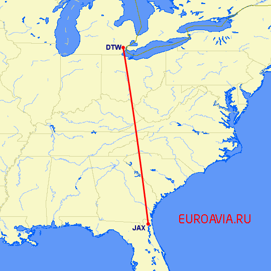 перелет Детройт — Джексонвиль на карте