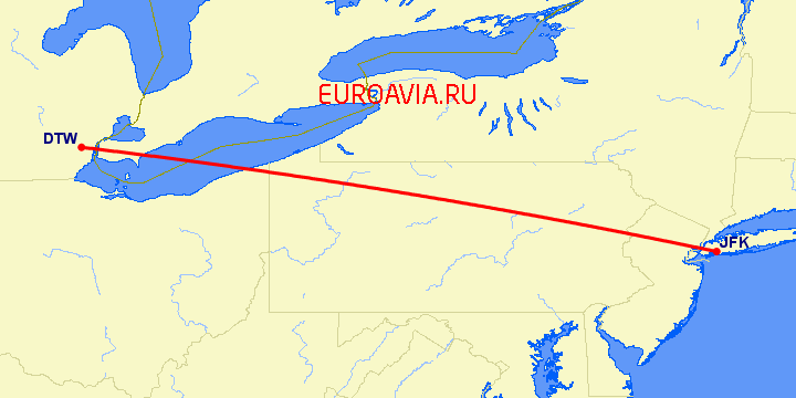 перелет Детройт — Нью Йорк на карте