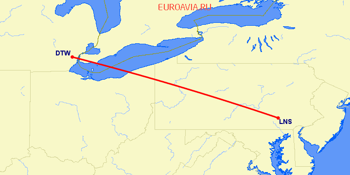 перелет Детройт — Ланкастер на карте