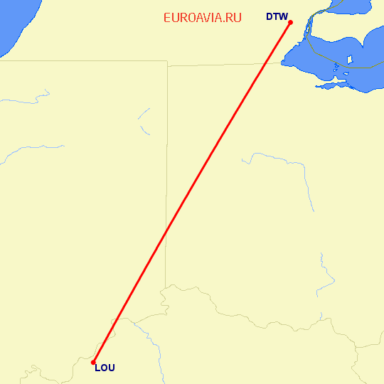 перелет Детройт — Louisville на карте