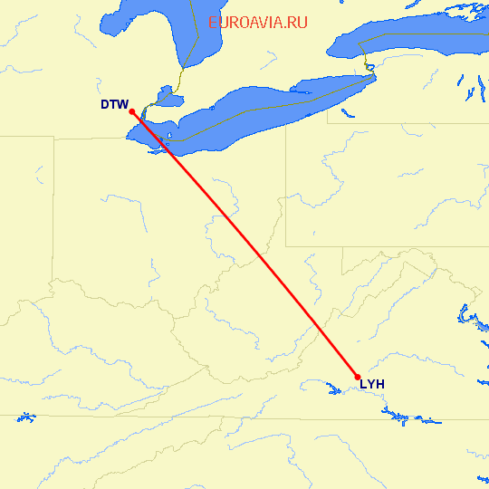 перелет Детройт — Линчбург на карте