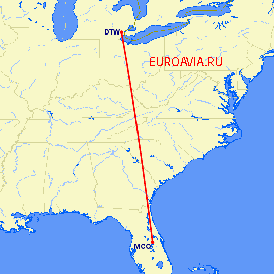 перелет Детройт — Орландо на карте