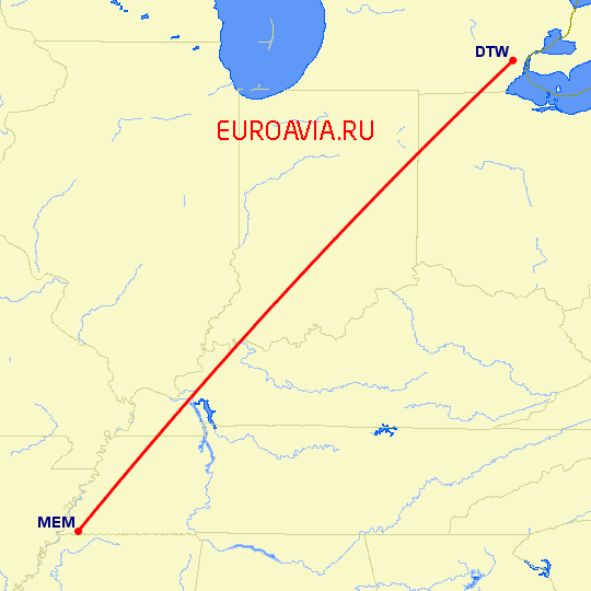 перелет Детройт — Мемфис на карте