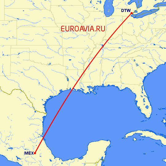 перелет Детройт — Мексико Сити на карте