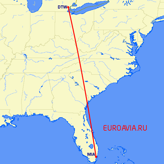 перелет Детройт — Майами на карте