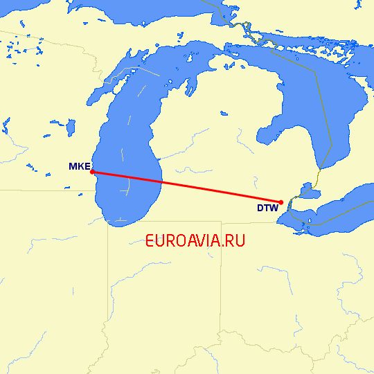 перелет Детройт — Милуоки на карте