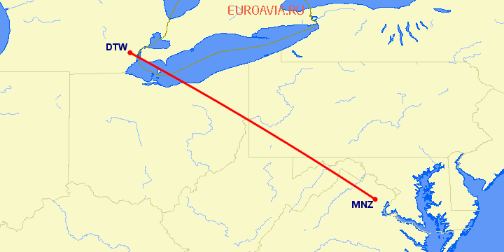 перелет Детройт — Манассас на карте