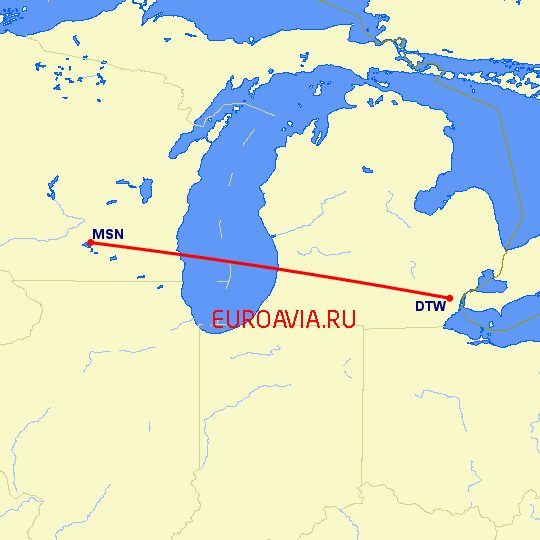 перелет Детройт — Madison на карте