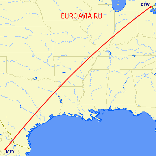 перелет Детройт — Монтеррей на карте