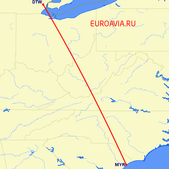 перелет Детройт — Миртл Бич на карте