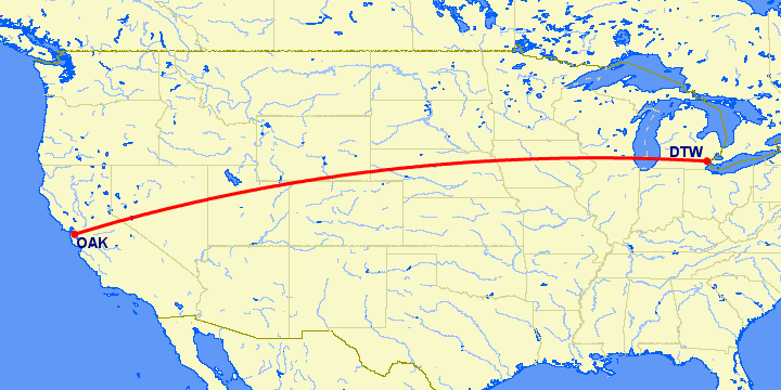 перелет Детройт — Окленд на карте