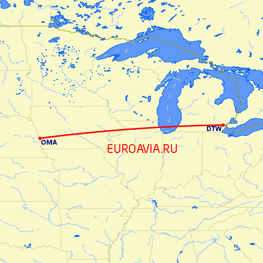 перелет Детройт — Омаха на карте
