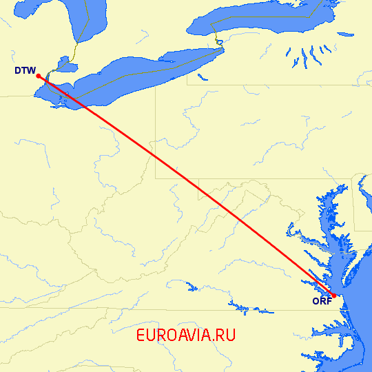 перелет Детройт — Норфолк на карте