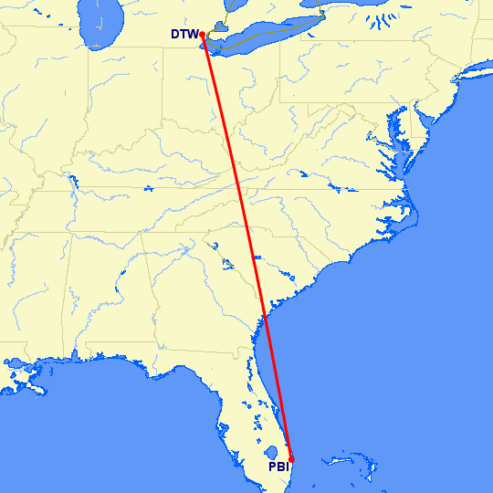 перелет Детройт — Уэст Палм Бич на карте