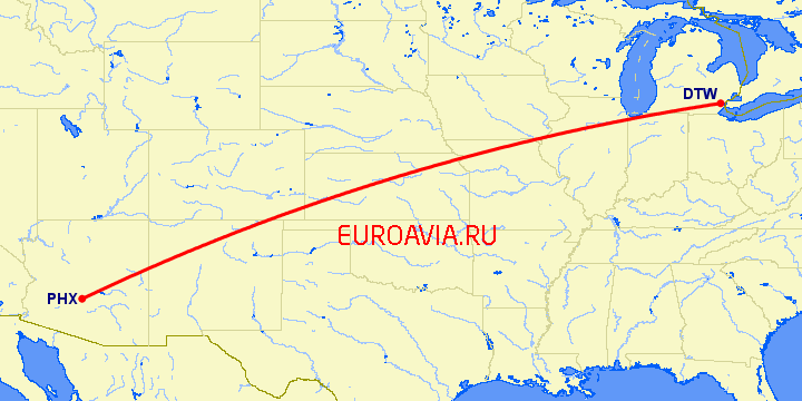перелет Детройт — Феникс на карте