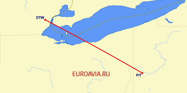 перелет Детройт — Питтсбург на карте