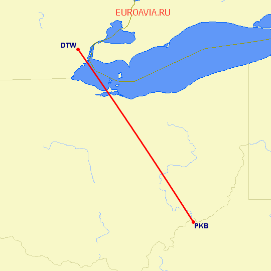 перелет Детройт — Паркерсбург на карте