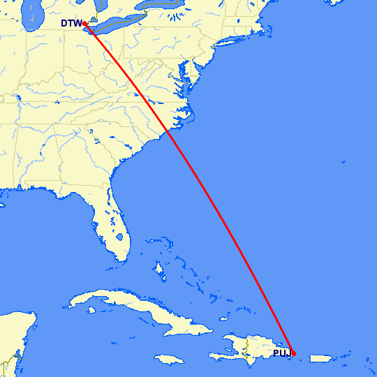 перелет Детройт — Пунта Кана на карте