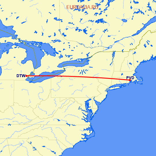 перелет Детройт — Провиденс на карте