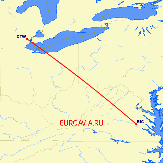 перелет Детройт — Ричмонд на карте