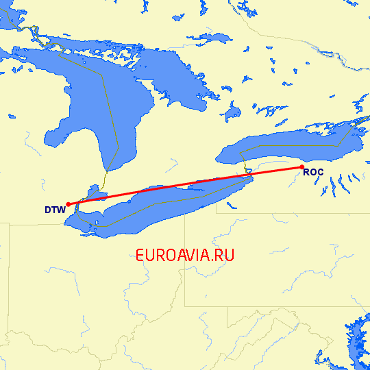 перелет Детройт — Рочестер на карте