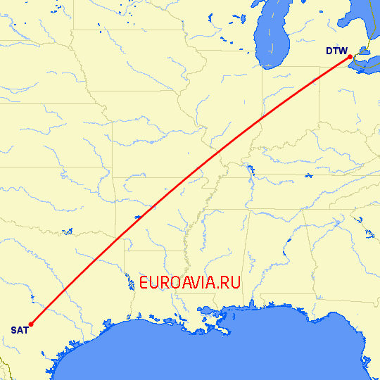 перелет Детройт — Сан Антонио на карте