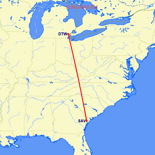 перелет Детройт — Саванна на карте