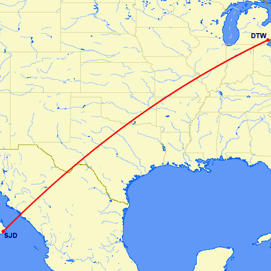 перелет Детройт — San Jose Del Cabo на карте