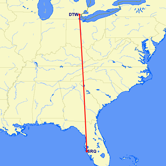 перелет Детройт — Сарасота на карте