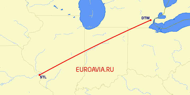 перелет Детройт — Сент Луис на карте