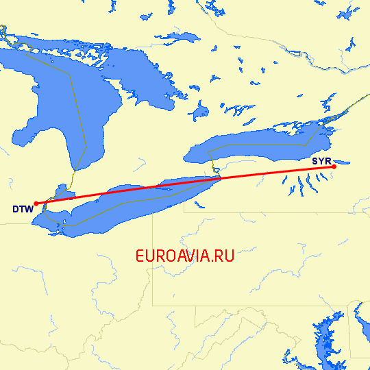 перелет Детройт — Сиракьюс на карте