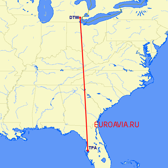 перелет Детройт — Тампа на карте