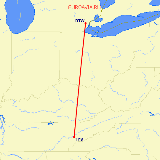 перелет Детройт — Ноксвилл на карте