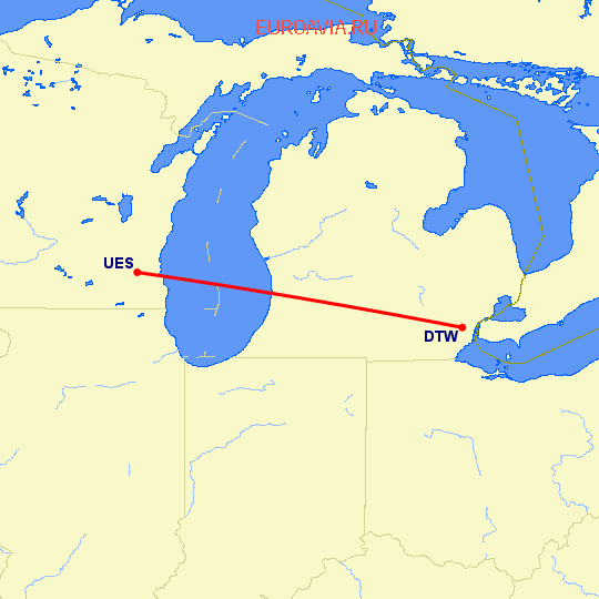 перелет Детройт — Ваукеша на карте